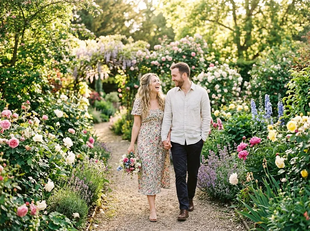 A couple walking together in a flower garden
