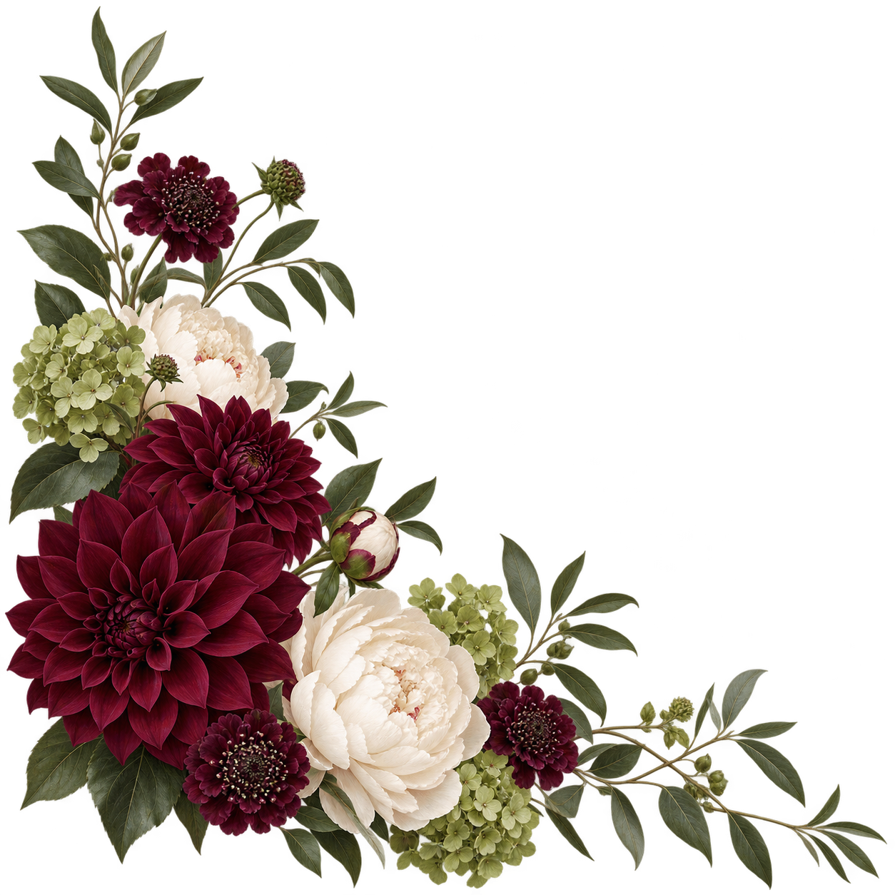 Burgundy dahlias, ivory peonies and olive branches