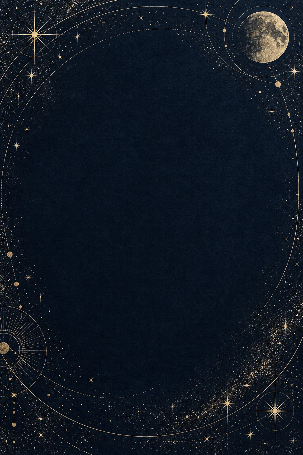 An engraved moon, constellations and golden orbits on midnight-blue paper