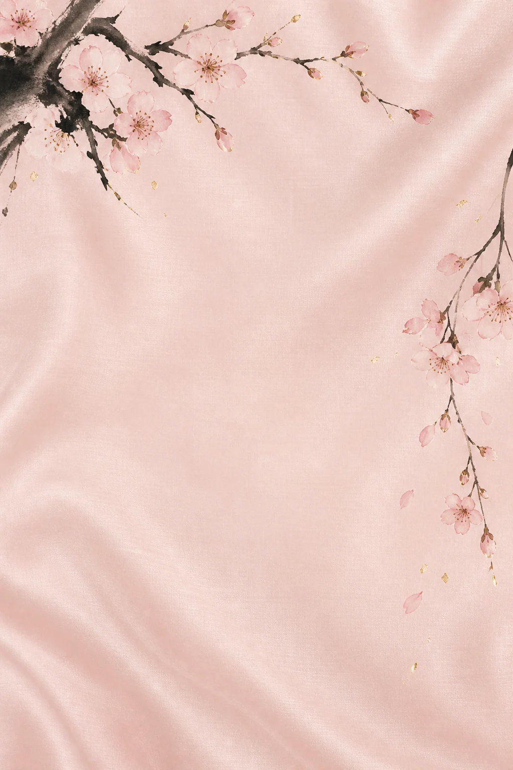Pink cherry blossoms and ink-painted branches framing soft blush paper