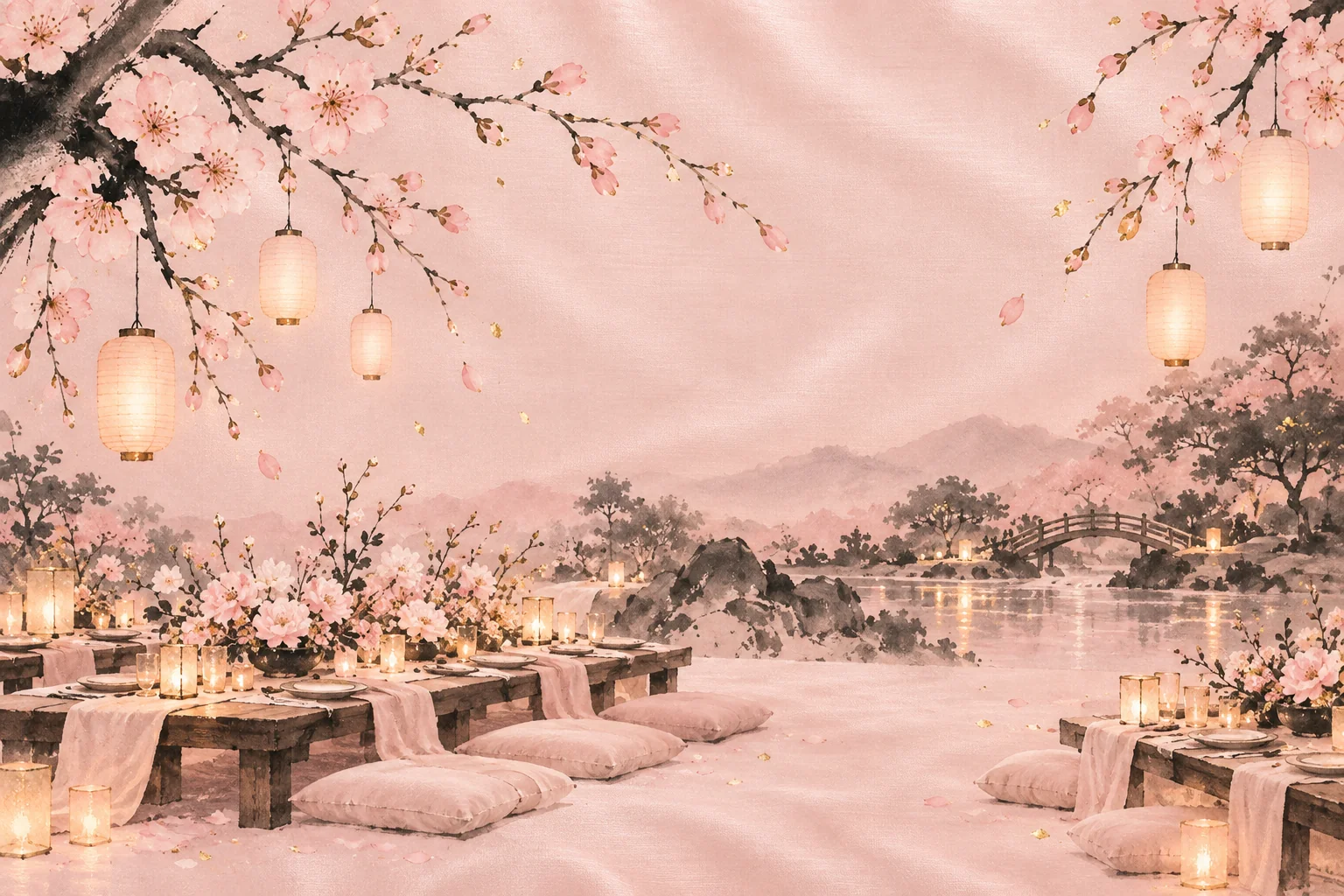 A watercolour garden with blossom branches, glowing lanterns and a bridge