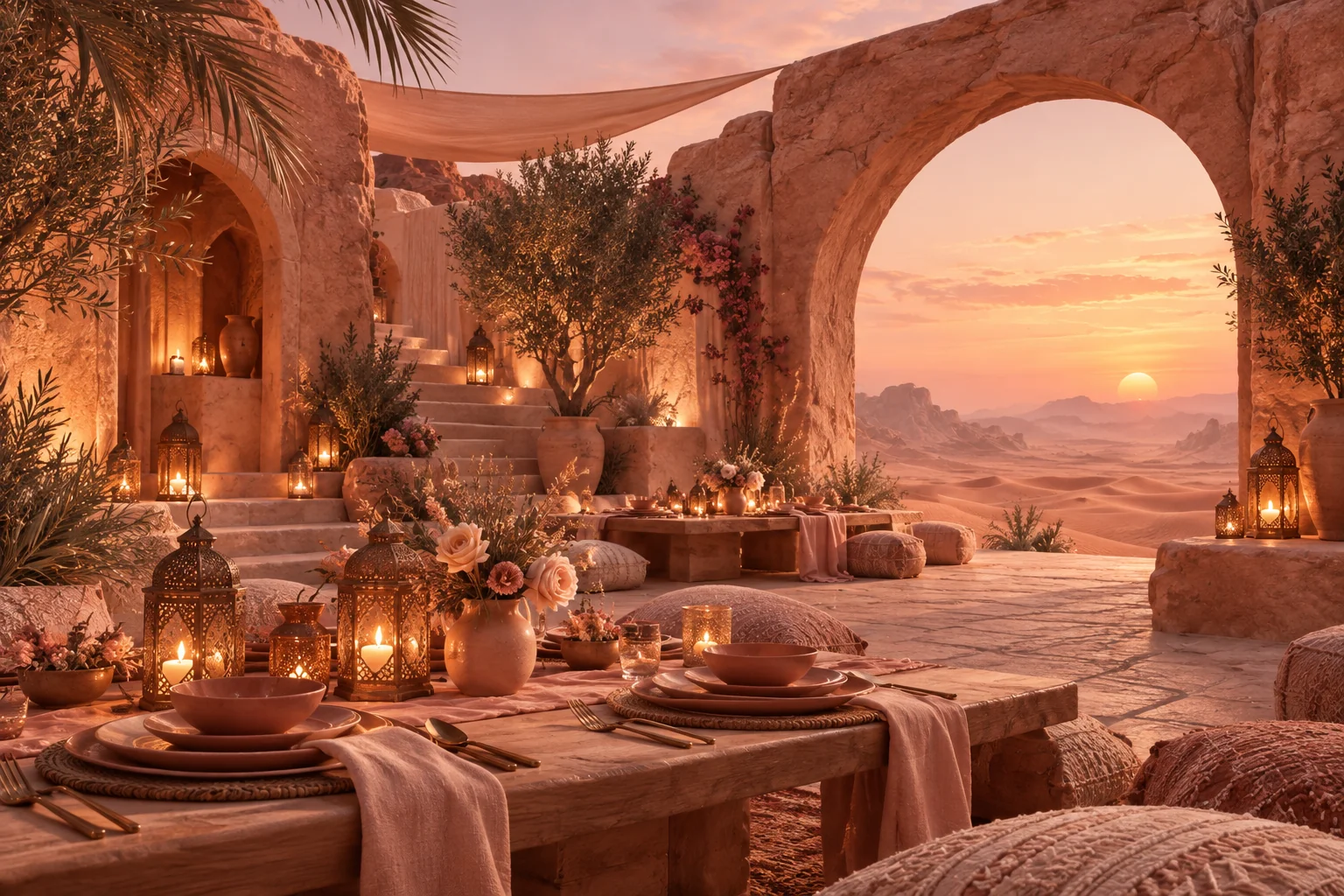 Terracotta courtyard, lanterns and a wedding supper overlooking desert dunes