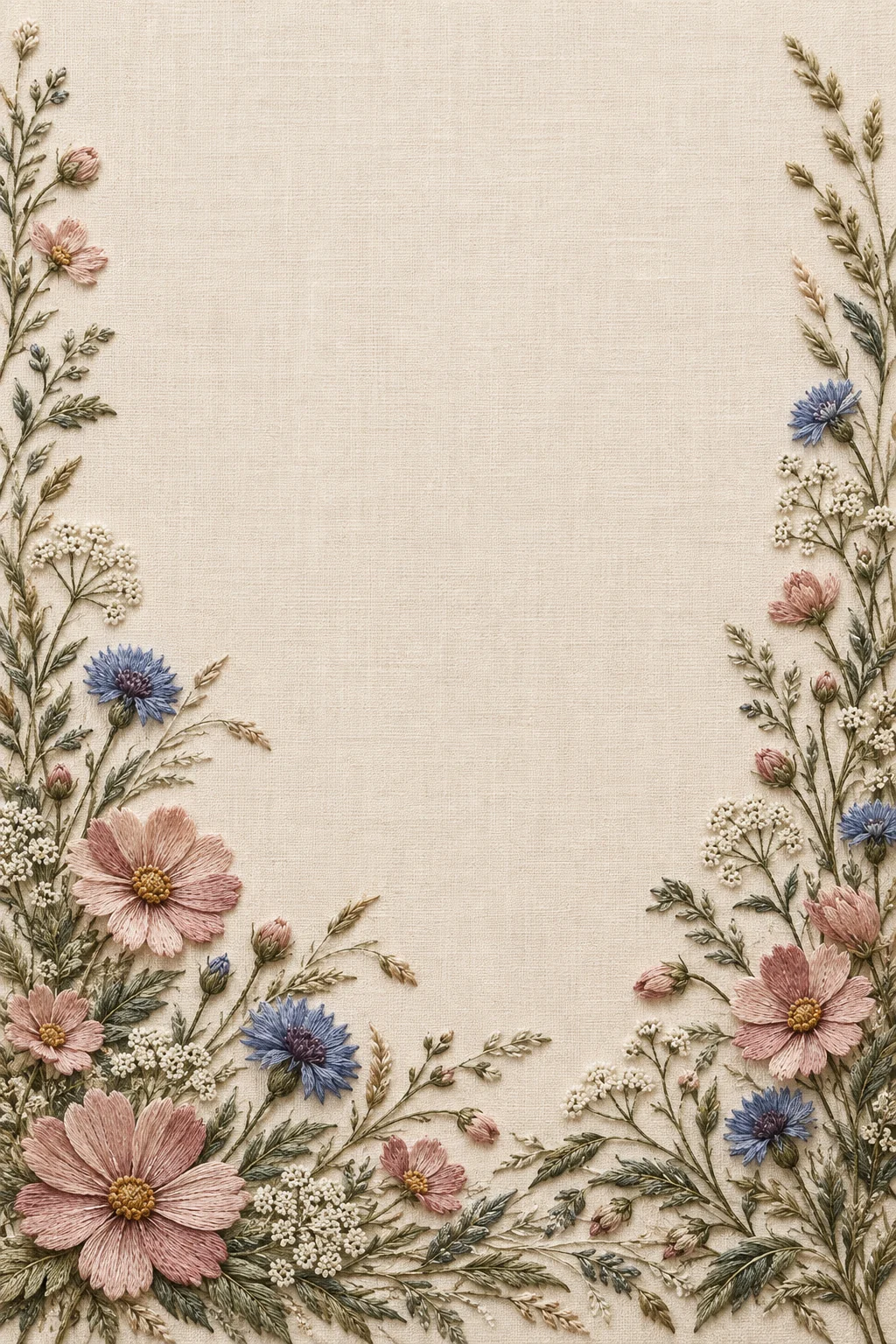 Pink cosmos and blue cornflowers embroidered around linen invitation paper