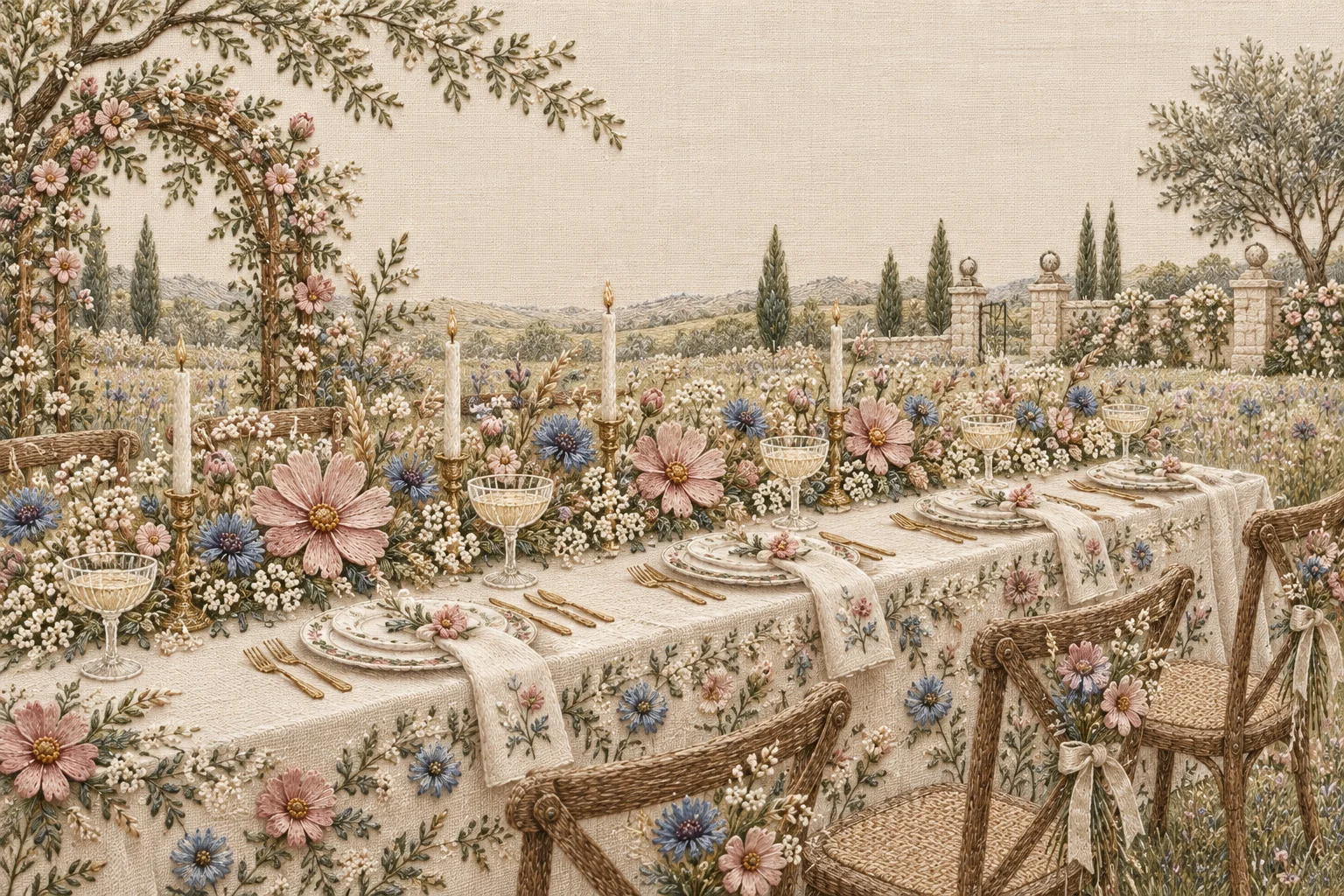 A wildflower wedding table illustrated as embroidered linen