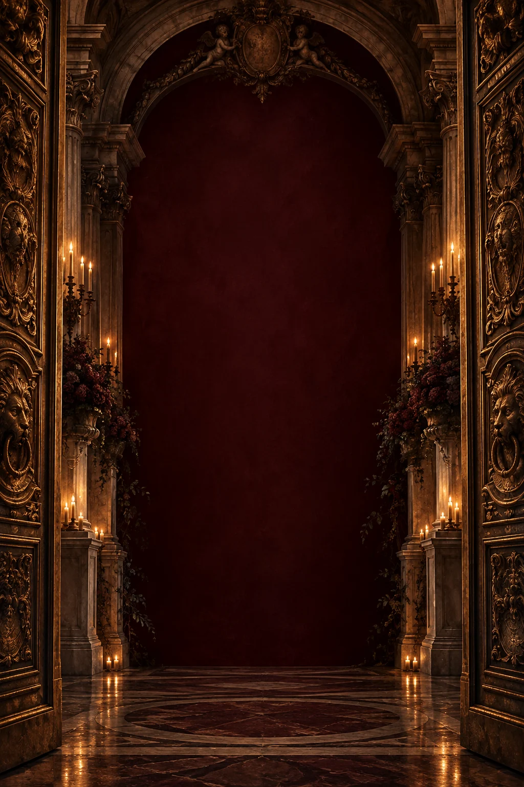 Burgundy velvet and gilded baroque carving around formal invitation paper