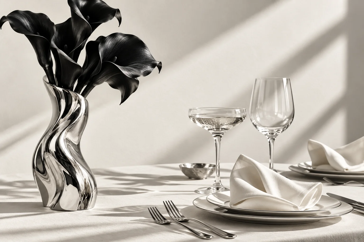 Black calla lilies in a sculptural silver vase beside a minimal wedding place setting