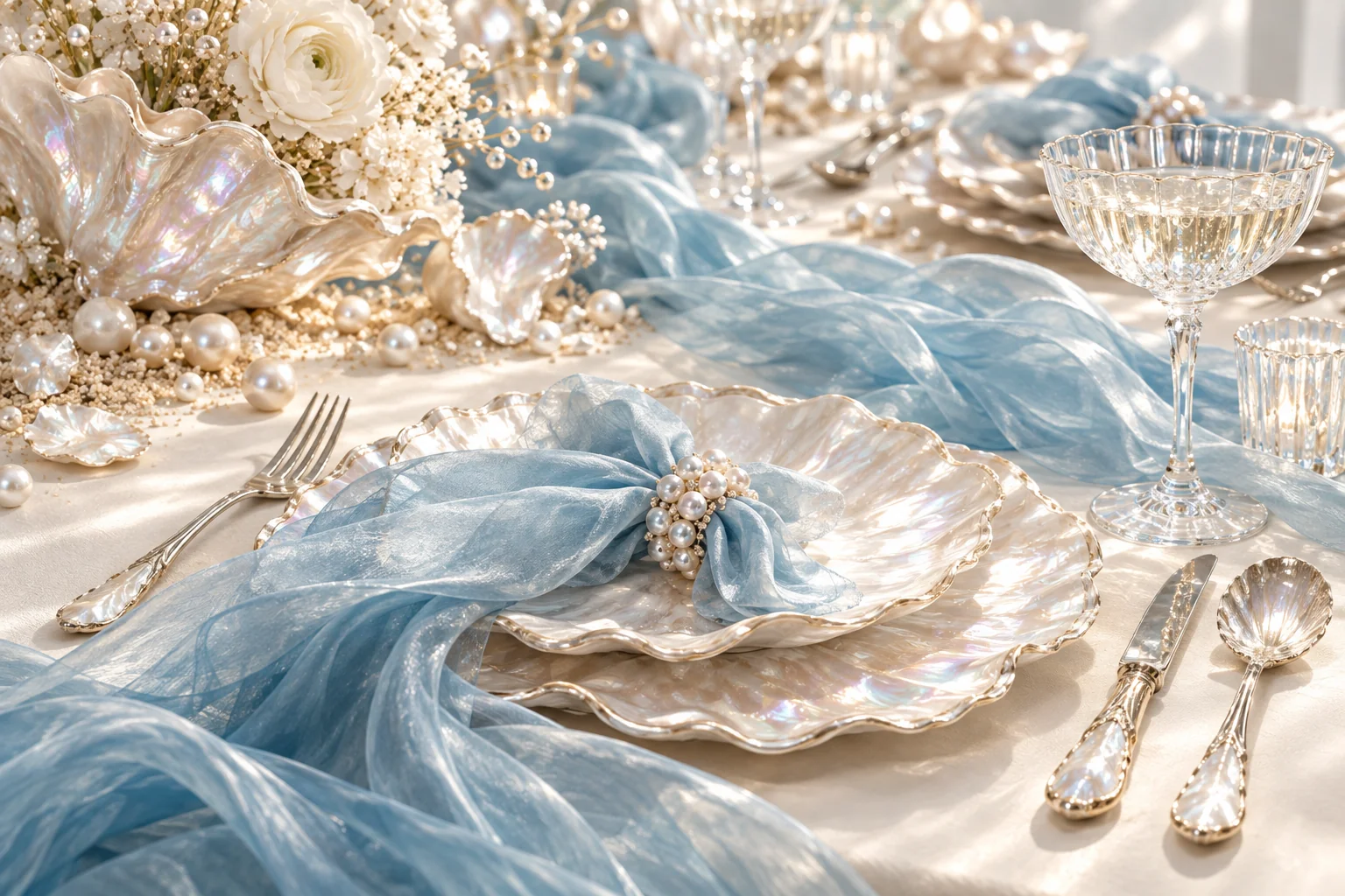 Mother-of-pearl tableware, crystal glasses and sheer blue fabric on an elegant table