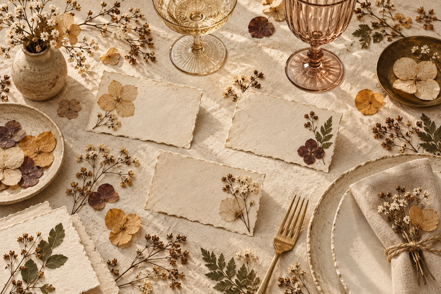 Handmade botanical place cards, dried flowers and amber glasses on a wedding table
