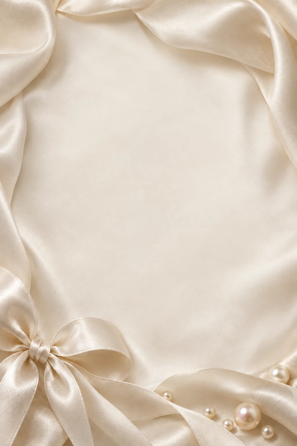 Ivory silk ribbon, pearls and soft folds framing elegant invitation paper