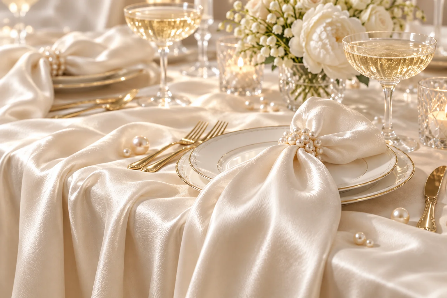 Ivory silk bows and pearl napkin rings beside crystal champagne glasses