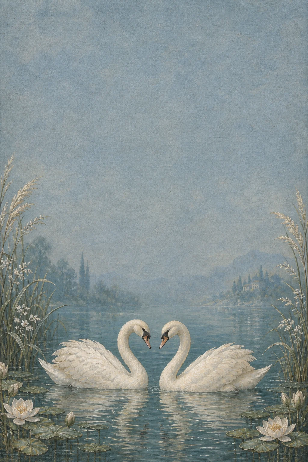 Two white swans, water lilies and trailing flowers framing pale blue paper