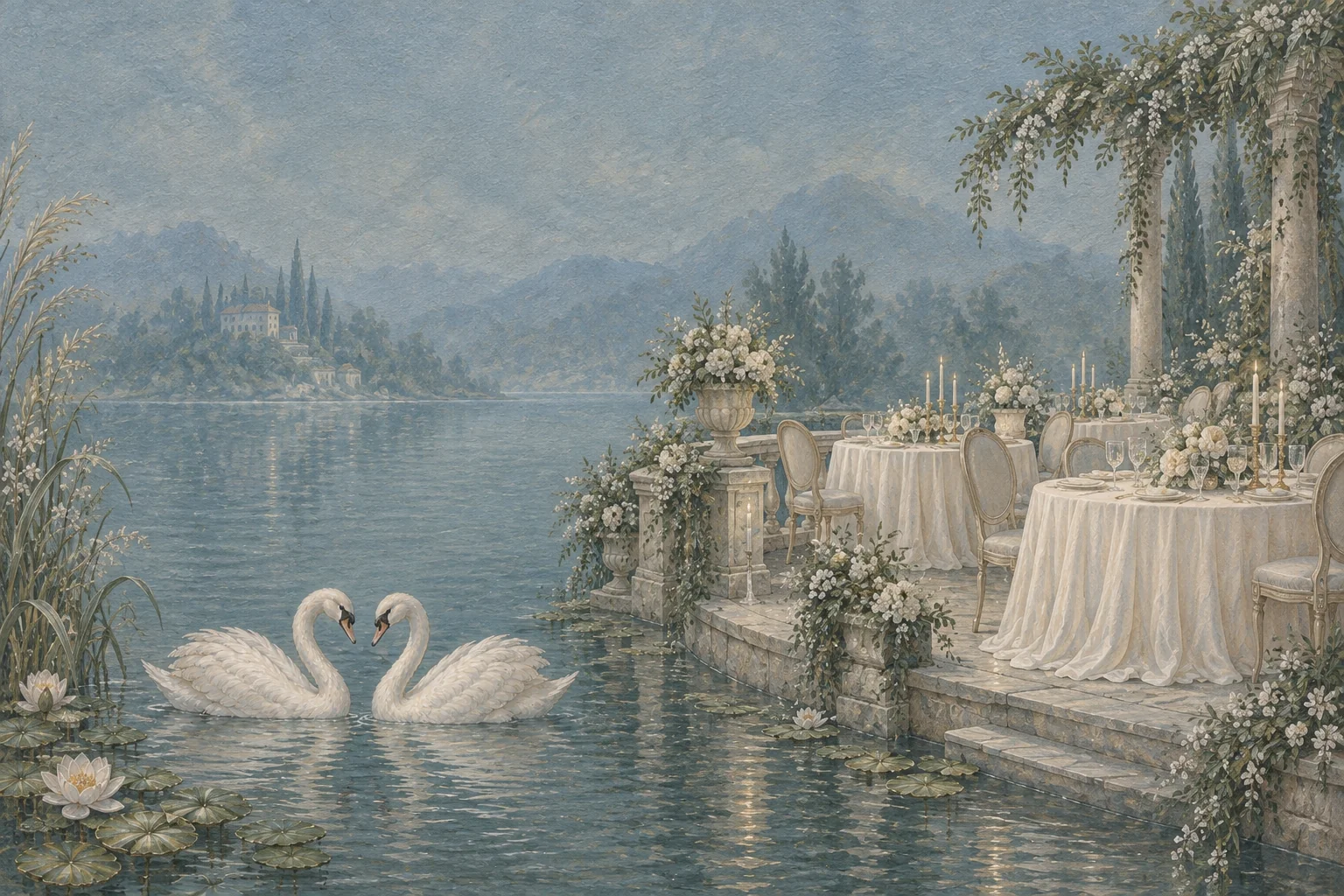 Two white swans beside a flower-filled terrace and wedding tables overlooking a lake