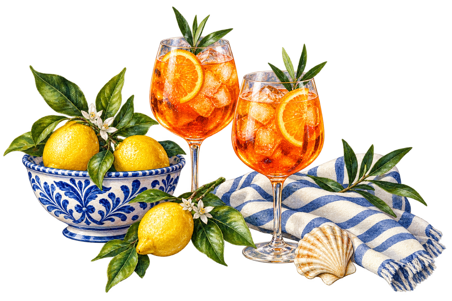 Italian spritzes, lemons and blue-and-white painted ceramics